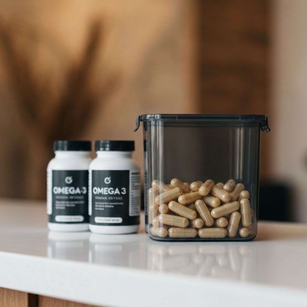Omega-Supplements und probiotische Kapseln in Container, organisierte Gesundheitsspeicherung