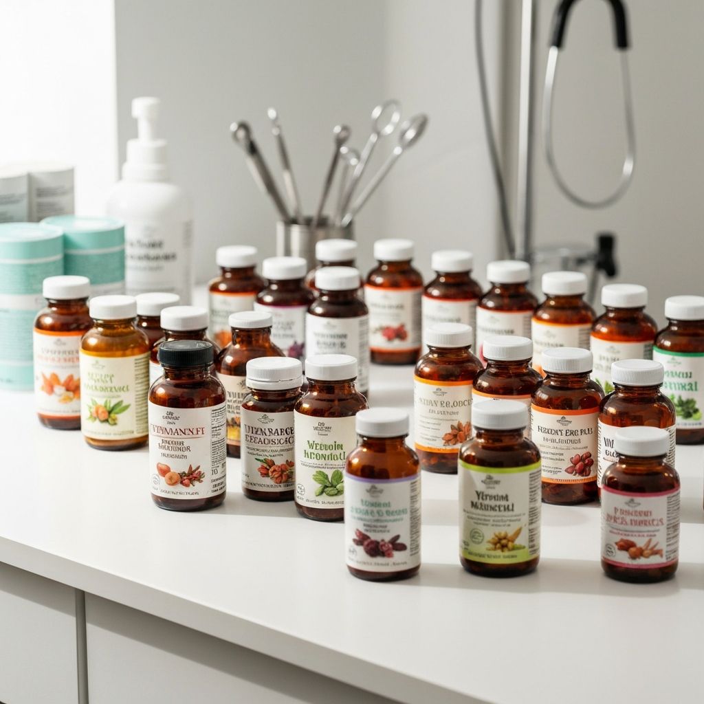 Vitamine und Mineralien in Glas-Flaschen, organisierte Wellness-Produkte